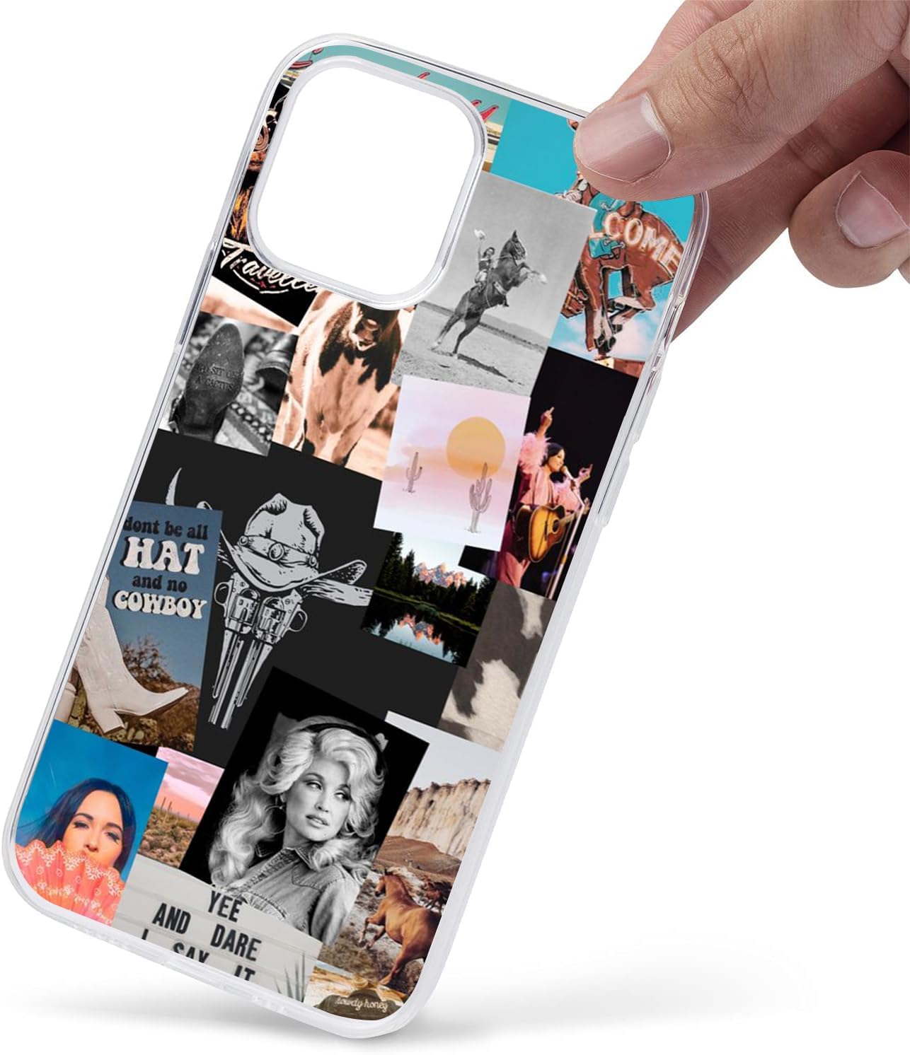 OUYAGAOYUAN Funda compatible con iPhone 15 Plus, diseño retro occidental, vaquera, vaquera, country chic, collage estético, a prueba de golpes, con