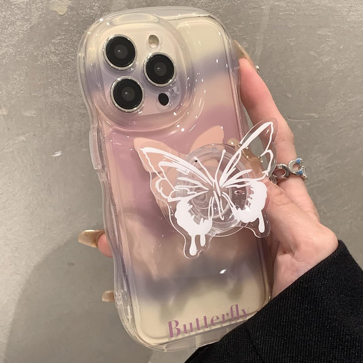 Aeilene Funda de teléfono con diseño de mariposa para iPhone 11 Pro Max, bonita funda de teléfono de mariposa 3D rosa transparente de Corea con