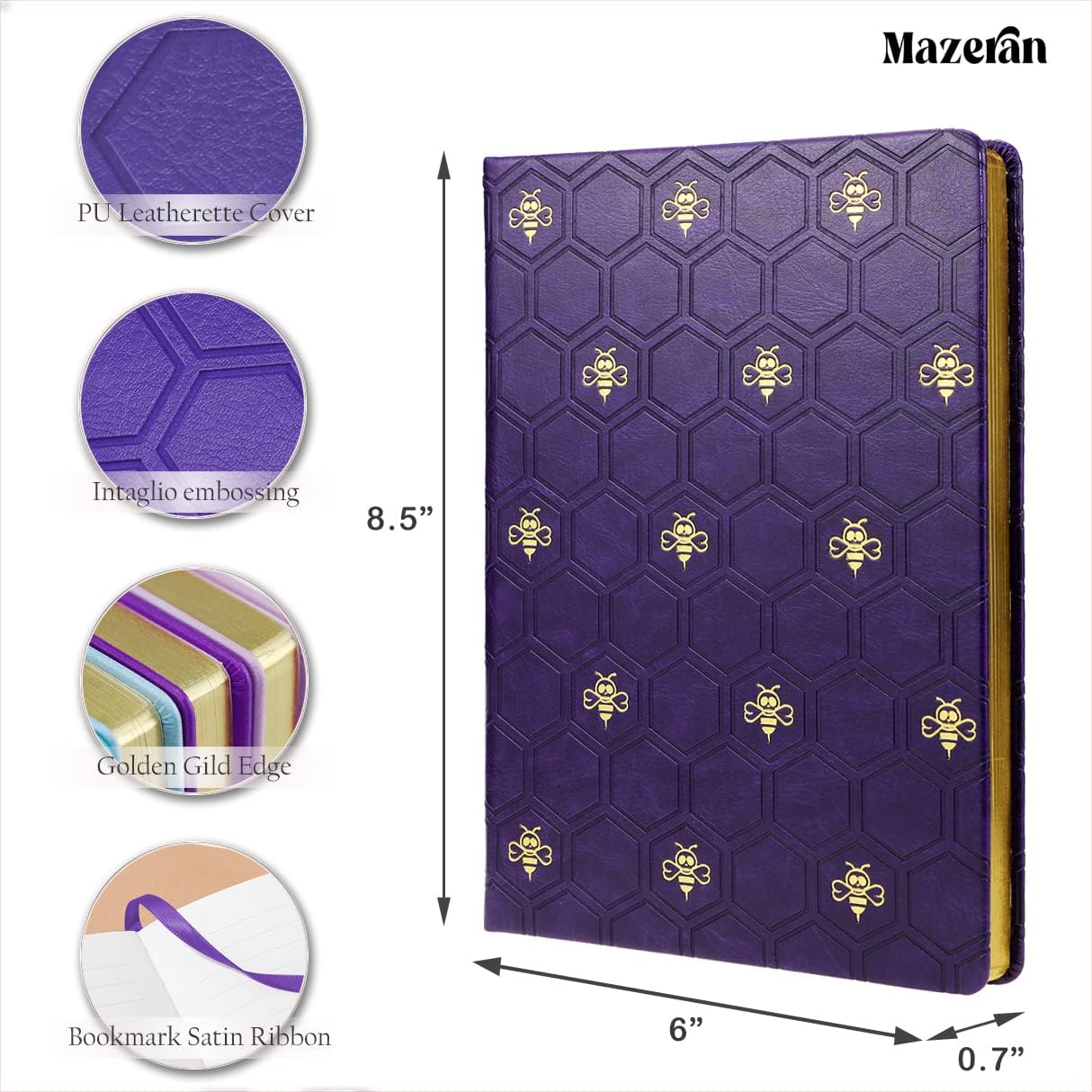 Mazeran Diario de cuero con tapa de abeja, con diseño de calavera y abeja, tamaño A5, 256 páginas, rayado, elegante, sello dorado, manual personal
