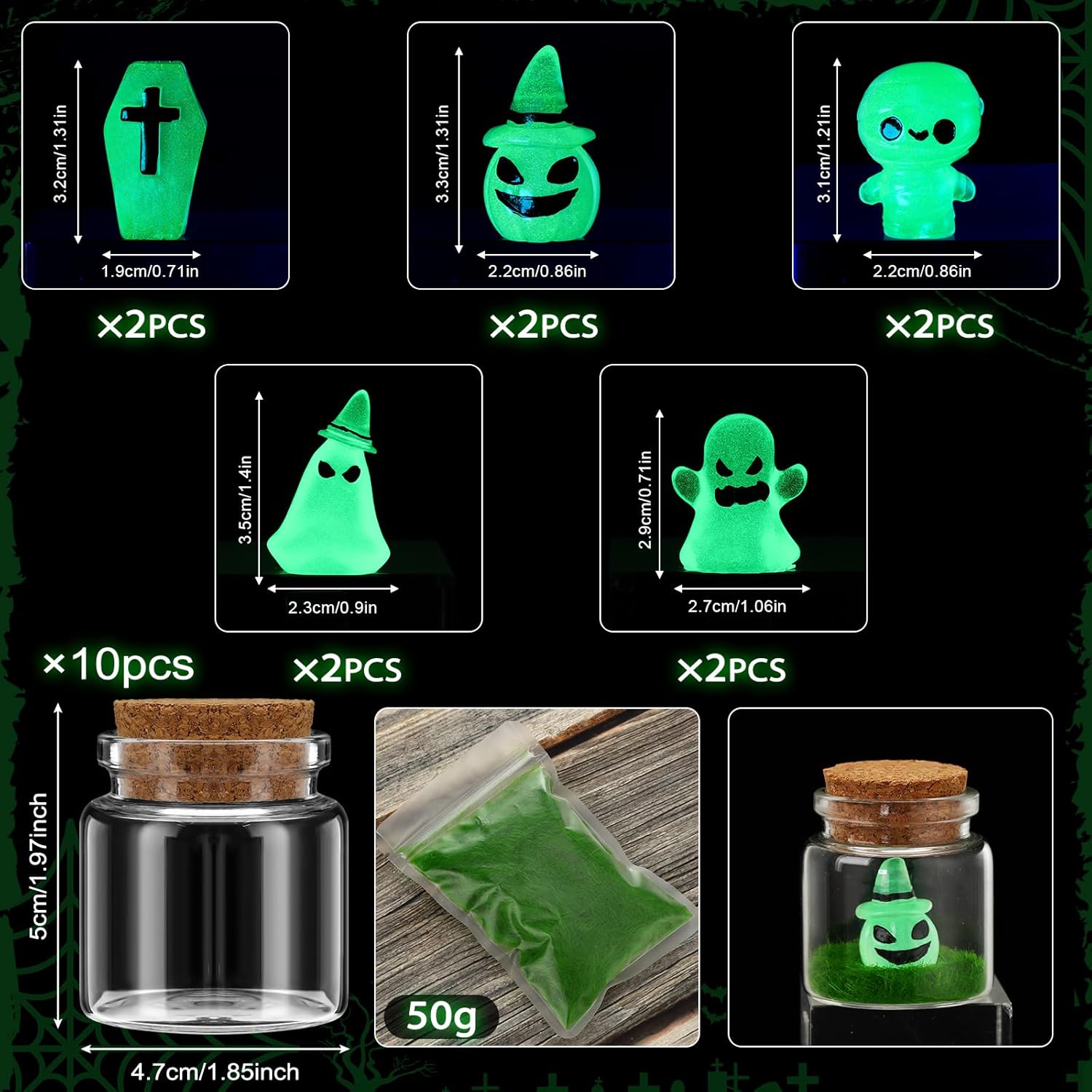 Poen 10 juegos de fantasmas de Halloween en un tarro de masón que brilla en la oscuridad, pequeño fantasma con botella miniatura de corcho con momia