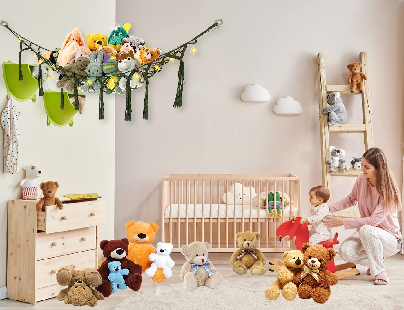 Red de animales de peluche o hamaca jumbo  con cadena de luces LED blancas cálidas, ganchos de pared, hamaca de animales de peluche  Red