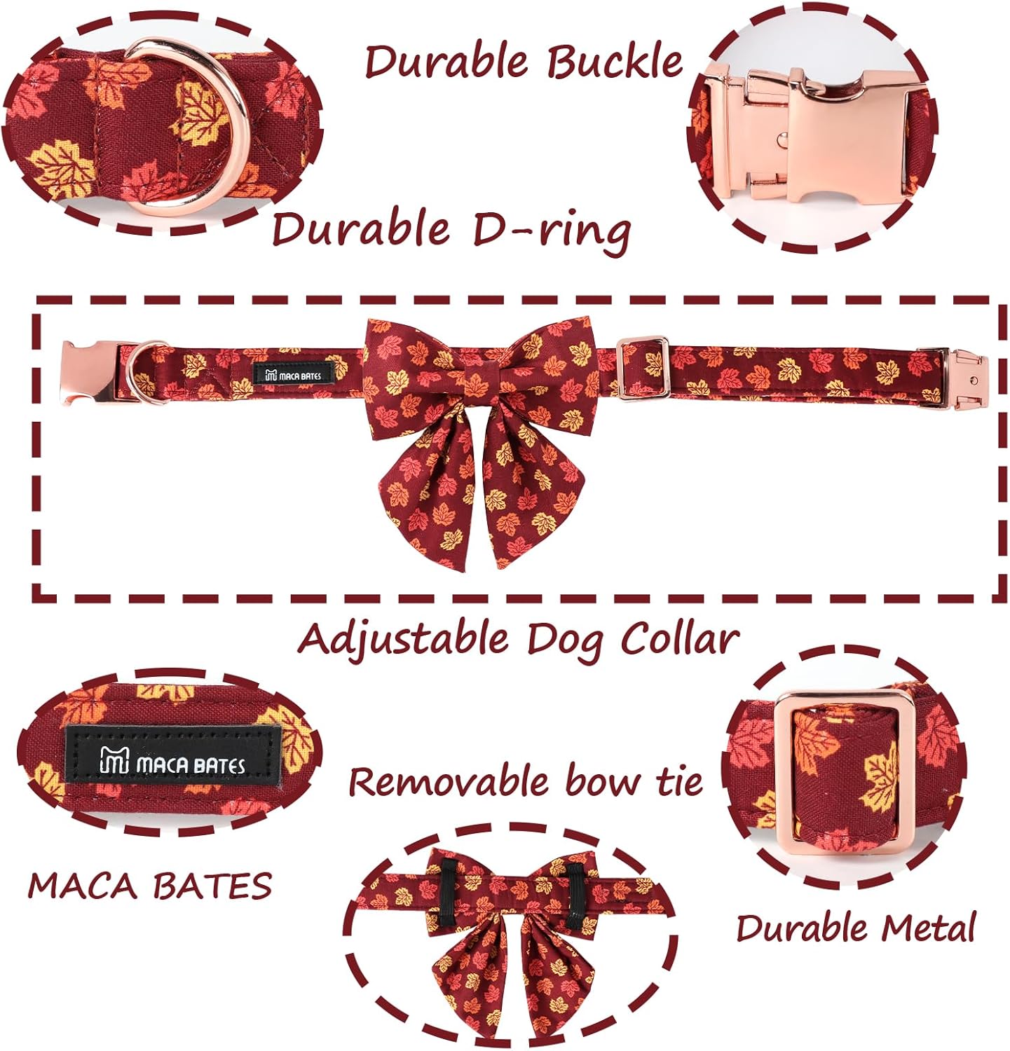 MACA Bates – Collar de perro con pajarita para algodón suave para otoño, collar de perro con hebilla de metal, collar de perro de hoja ajustable