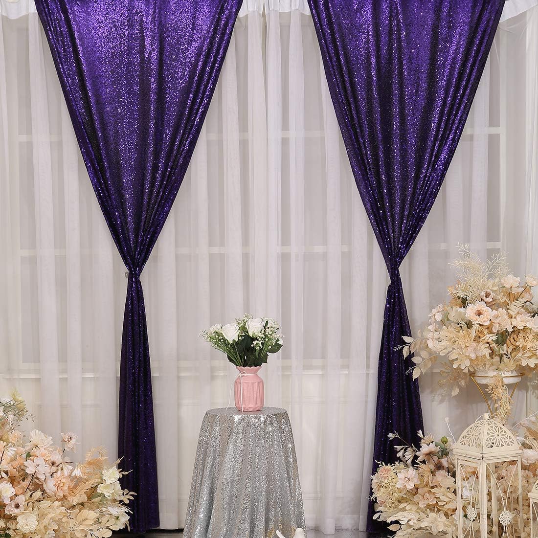 SquarePie Telón de fondo de lentejuelas de 2 x 8 pies, 2 cortinas brillantes de fondo morado para decoración de fiesta de boda de Halloween