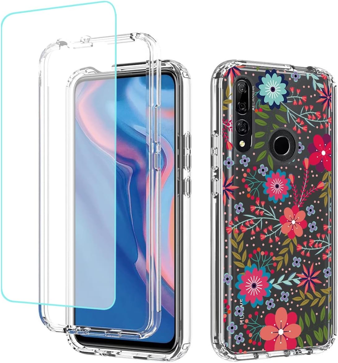 Funda para Y9 Prime 2019Honor 9XP Smart Z STK-LX1 con protector de pantalla de vidrio templado, funda protectora de TPU transparente floral a prueba