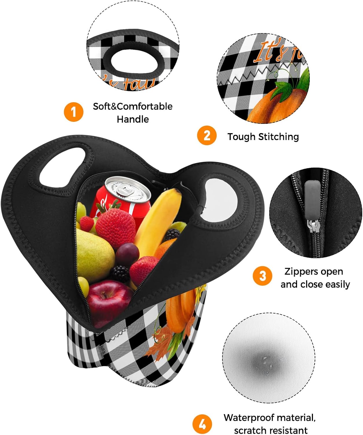 Reusable Neoprene Lunch Bag, It’s Fall Y’all Pumpkin on Black White Buffalo Plaid Soft Thermal Meal Tote, Lightweight Washable Insulated Lunch Pouch
