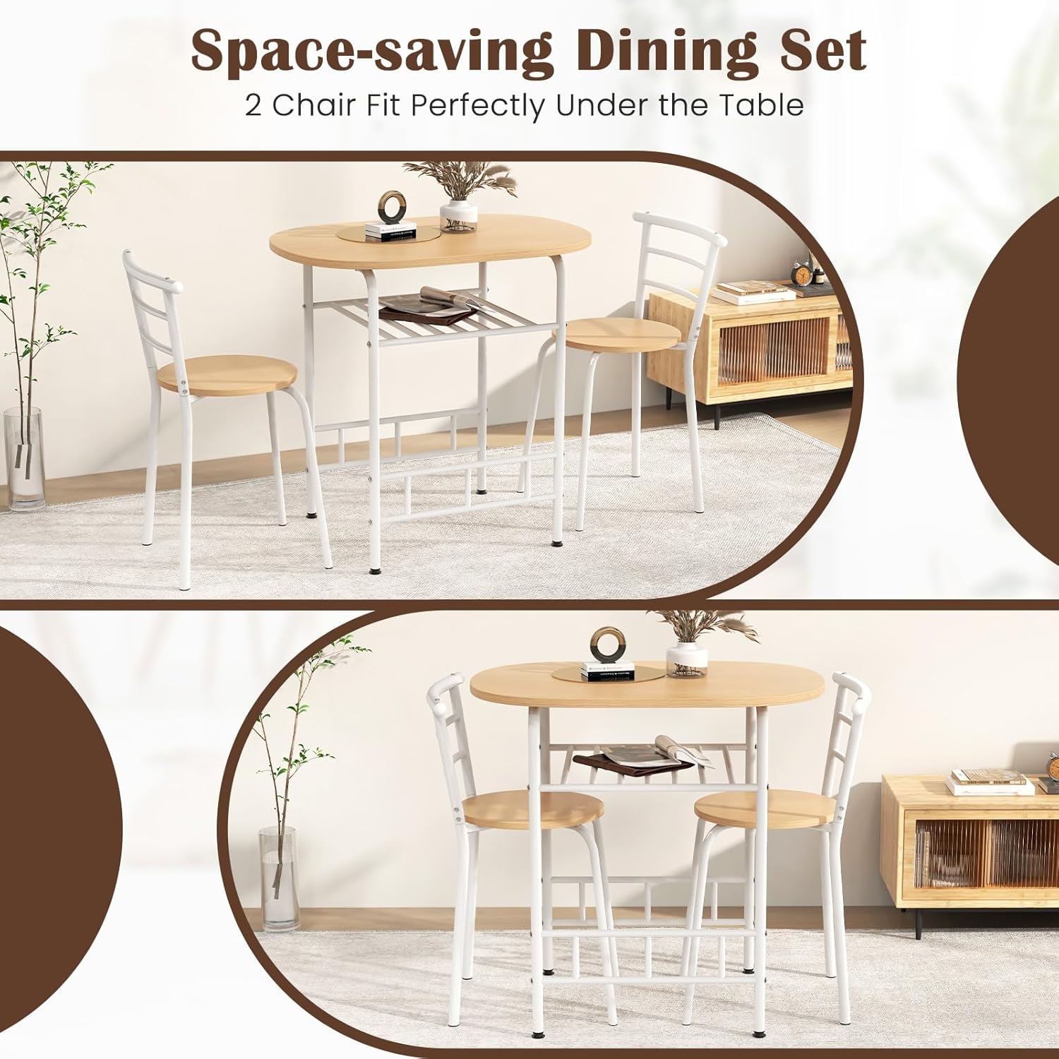 COSTWAY Juego de mesa de comedor de 3 piezas para 2, moderno juego de mesa redonda con 2 taburetes, mesa de pub y sillas, juego de comedor con capa
