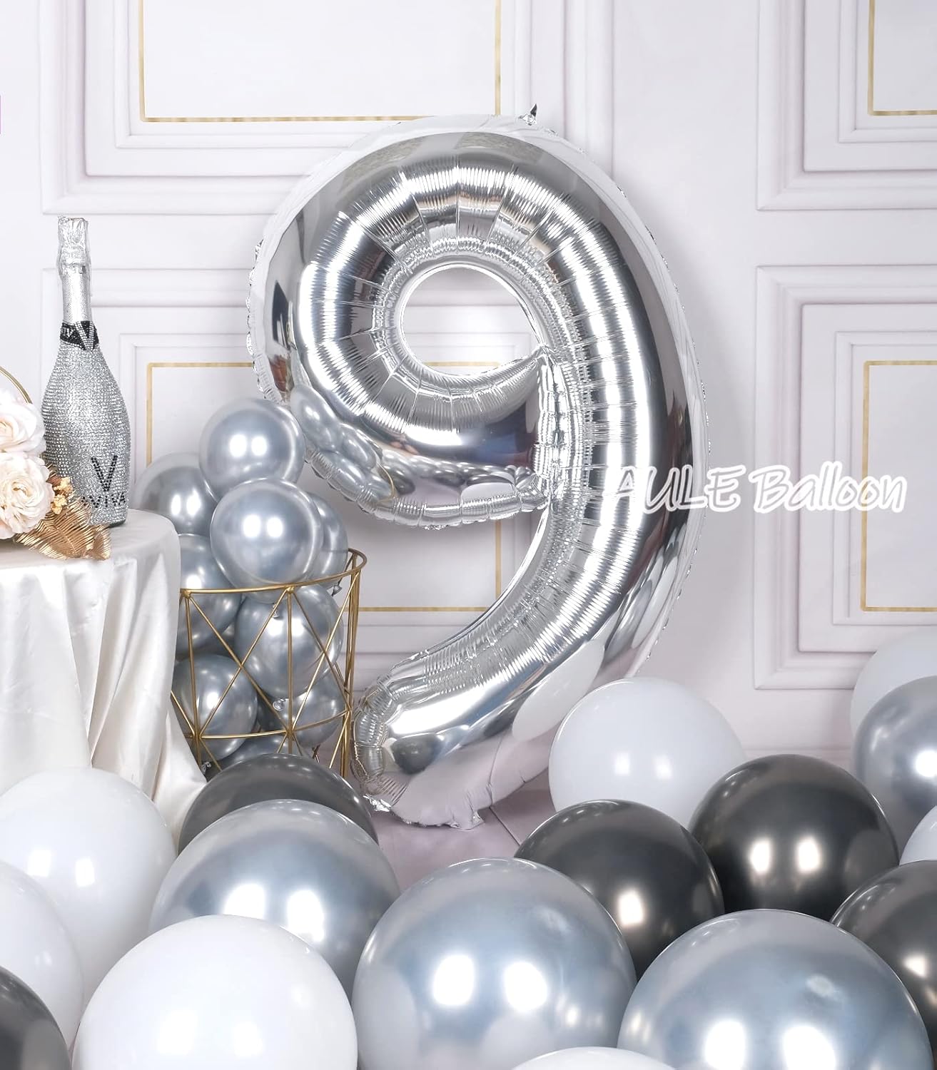 AULE Globos grandes plateados de 40 pulgadas con el número 9, globos de helio de aluminio grandes del 0 al 9, decoraciones gigantes de fiesta de