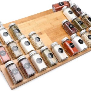 Organizador de cajones de especias de bambú, estante de especias de 4 niveles para cajón de gabinete expandible de 13 a 26 pulgadas, organizador de Organizador de cajones de especias de bambú, estante de especias de 4 niveles para cajón de gabinete expandible de 13 a 26 pulgadas, organizador de