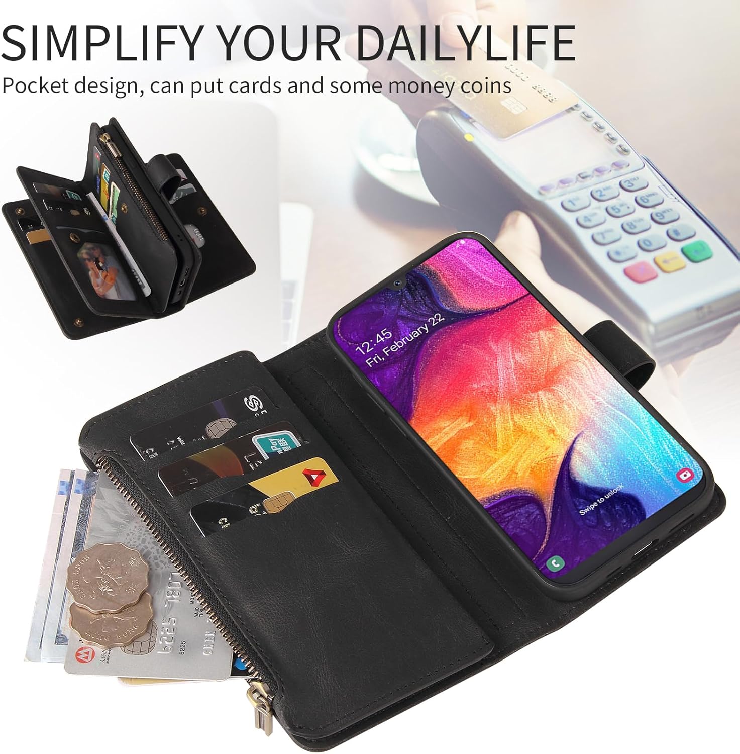 Asuwish Funda de teléfono para Samsung Galaxy A50 A50S A30S Funda tipo cartera con protector de pantalla de vidrio templado y correa para la muñeca