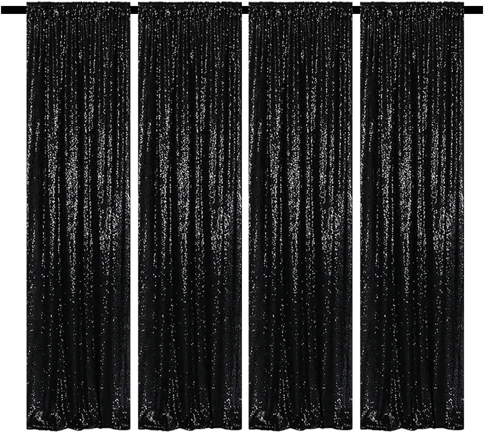 Cortinas de fondo de lentejuelas negras con purpurina de 2 x 8 pies, 4 paneles para decoración de bodas, fiestas de cumpleaños, despedidas de