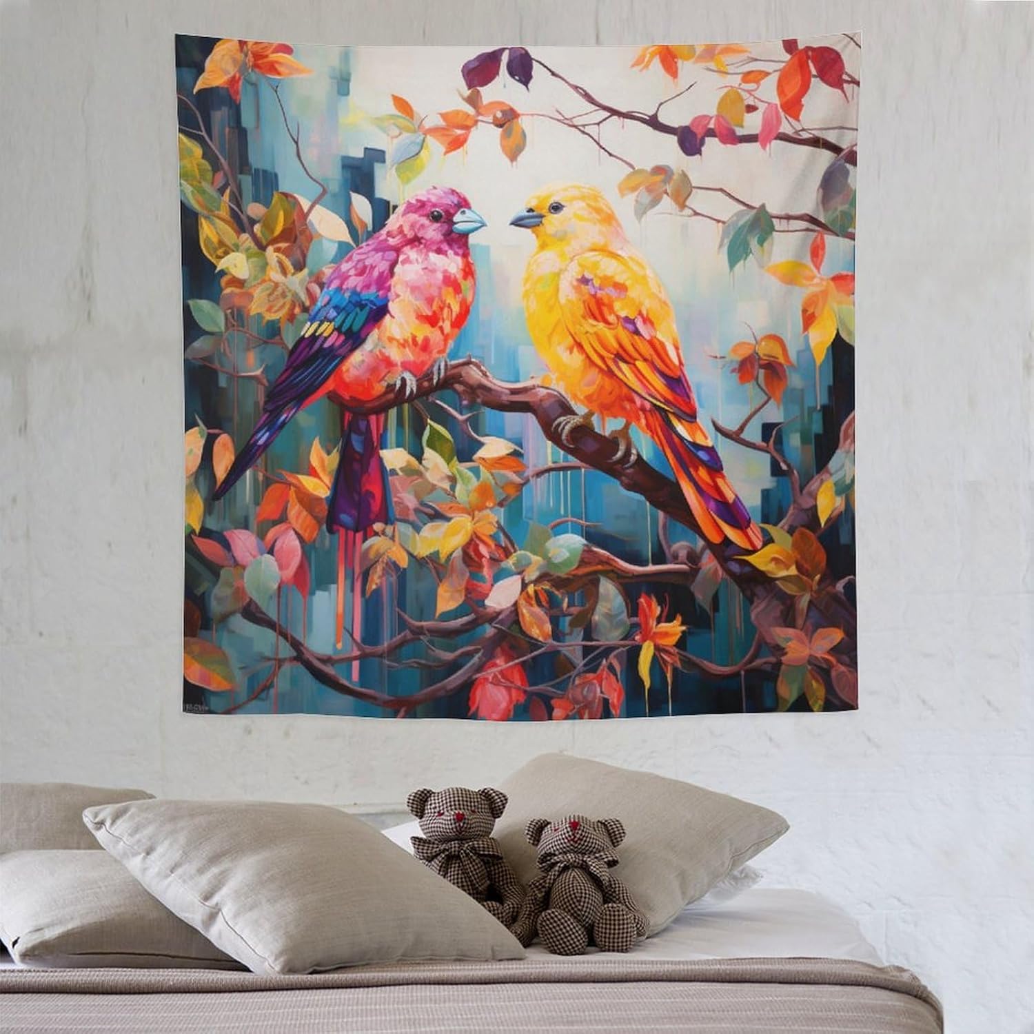 Tapiz de pájaros coloridos sentados en una rama de árbol colorido, tapiz artístico para dormitorio, estético, colorido pájaro volador, tapiz