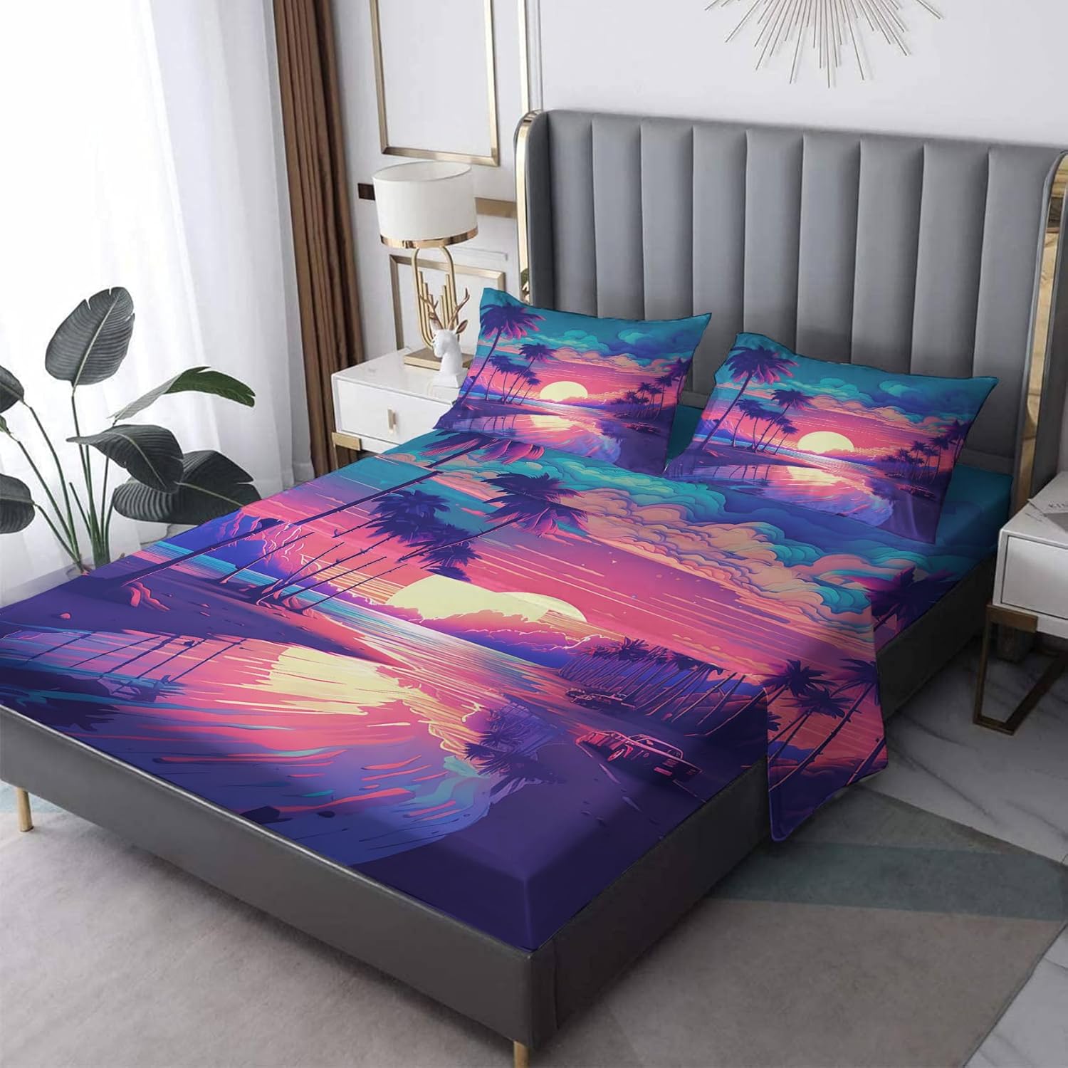 Z6-&-344 – Juego de sábanas y fundas de almohada estampadas de 4 piezas con diseño de paisaje tropical, sábana bajera ajustable de microfibra suave