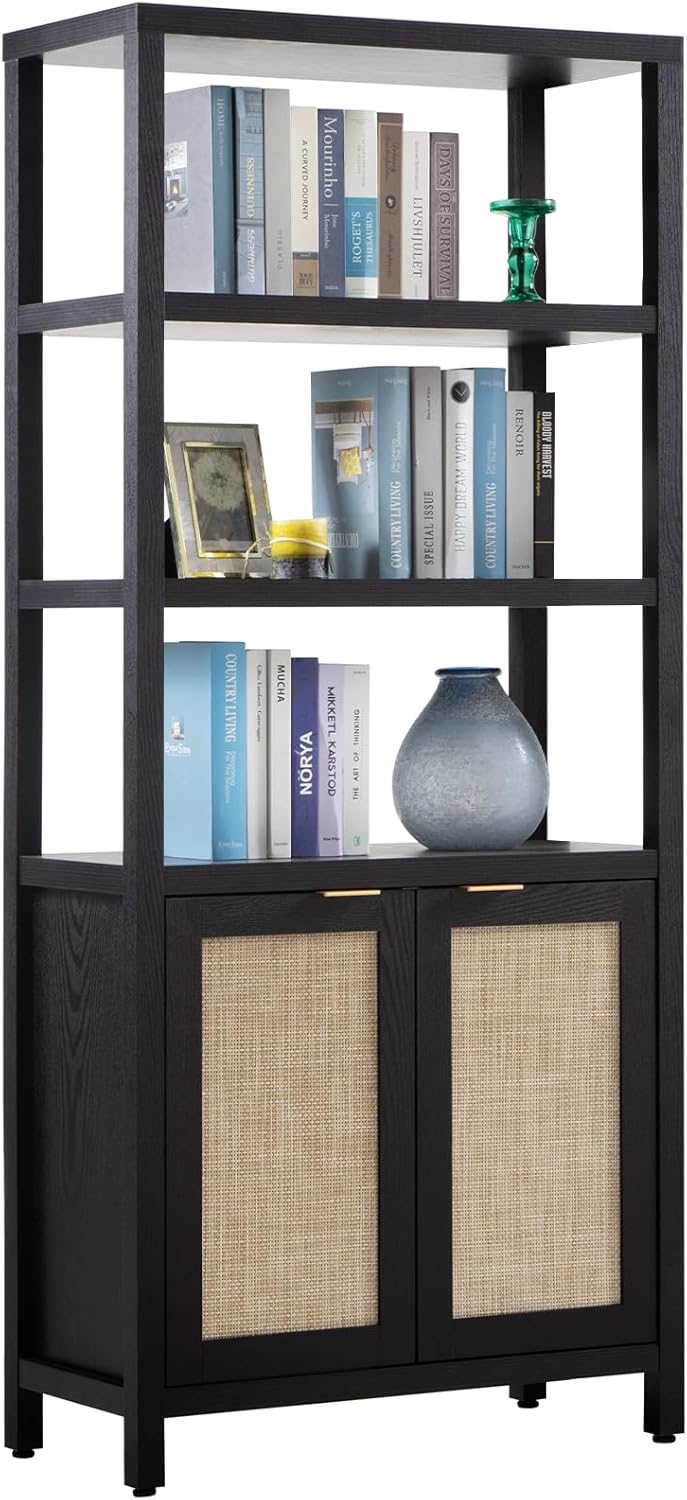 SICOTAS – Estantería de ratán alta estilo bohemio con puertas y 5 niveles, estante de madera grande estilo casa de campo, para sala de estar,