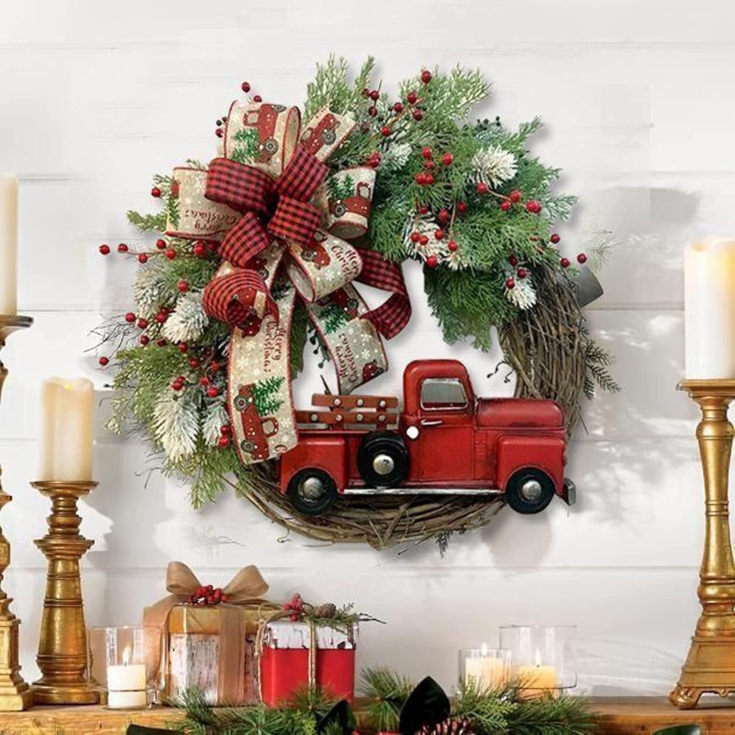 Corona de Navidad para puerta delantera, corona artificial de 17.7 pulgadas, corona de otoño para puerta delantera, coronas de granja de bienvenida