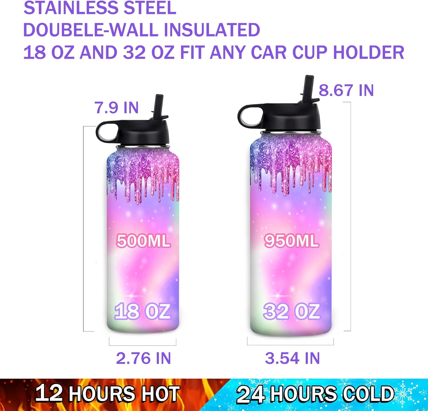Botella de agua personalizada para niñas con estampado de 18 oz32 onzas, acero inoxidable con nombre personalizado para niños, botella de agua