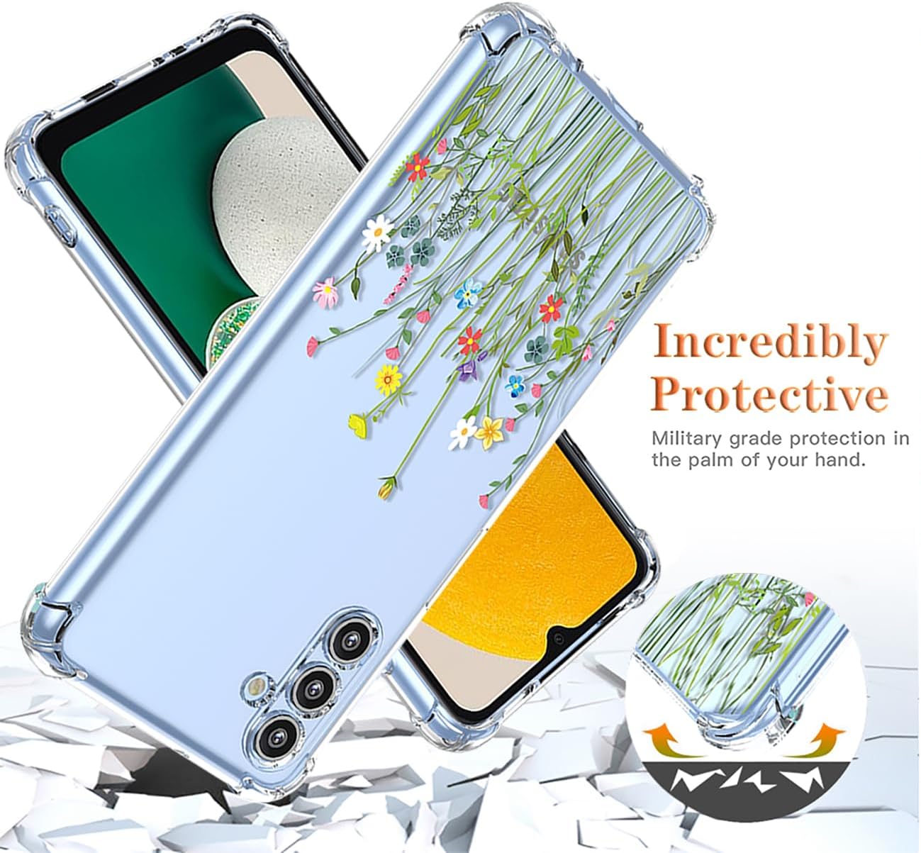 Funda para Samsung Galaxy A13 5GGalaxy A04S SM-A136U SM-A047F con protector de pantalla, funda transparente con patrones de jardín de flores, funda
