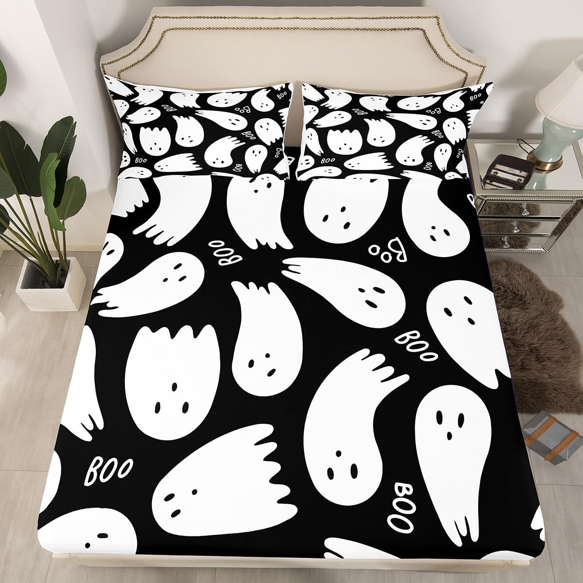 Juego de sábanas de fantasma de Halloween de dibujos animados, decoración del hogar, juego de sábanas de bolsillo profundo, funda de colchón estilo