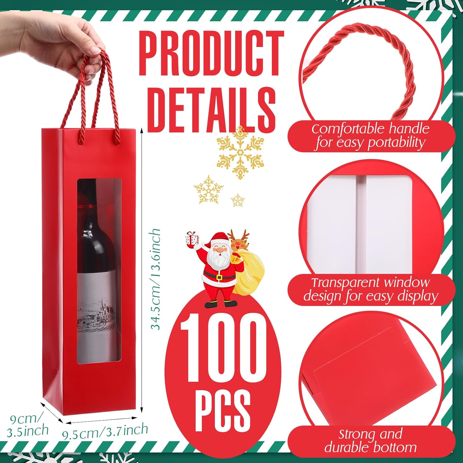 Paquete de 100 bolsas de vino tinto para botellas de vino, bolsas de regalo de vino a granel con asas de ventana de 3.5 x 3.7 x 13.6 pulgadas,