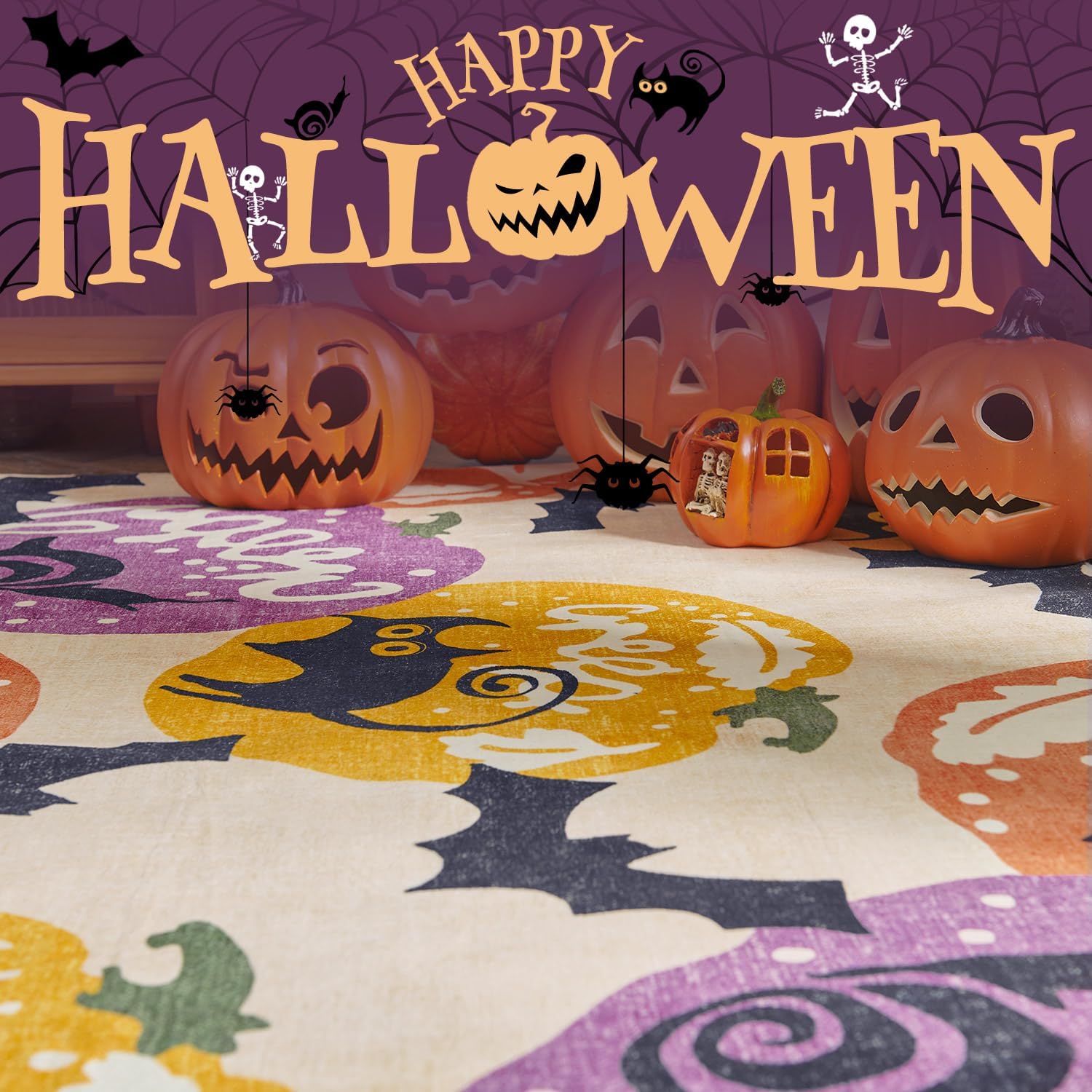 jinchan Alfombra de pasillo de Halloween de 3 x 6 pies, bonita alfombra de calabaza, gato negro, murciélago, alfombra suave y cómoda, alfombra de