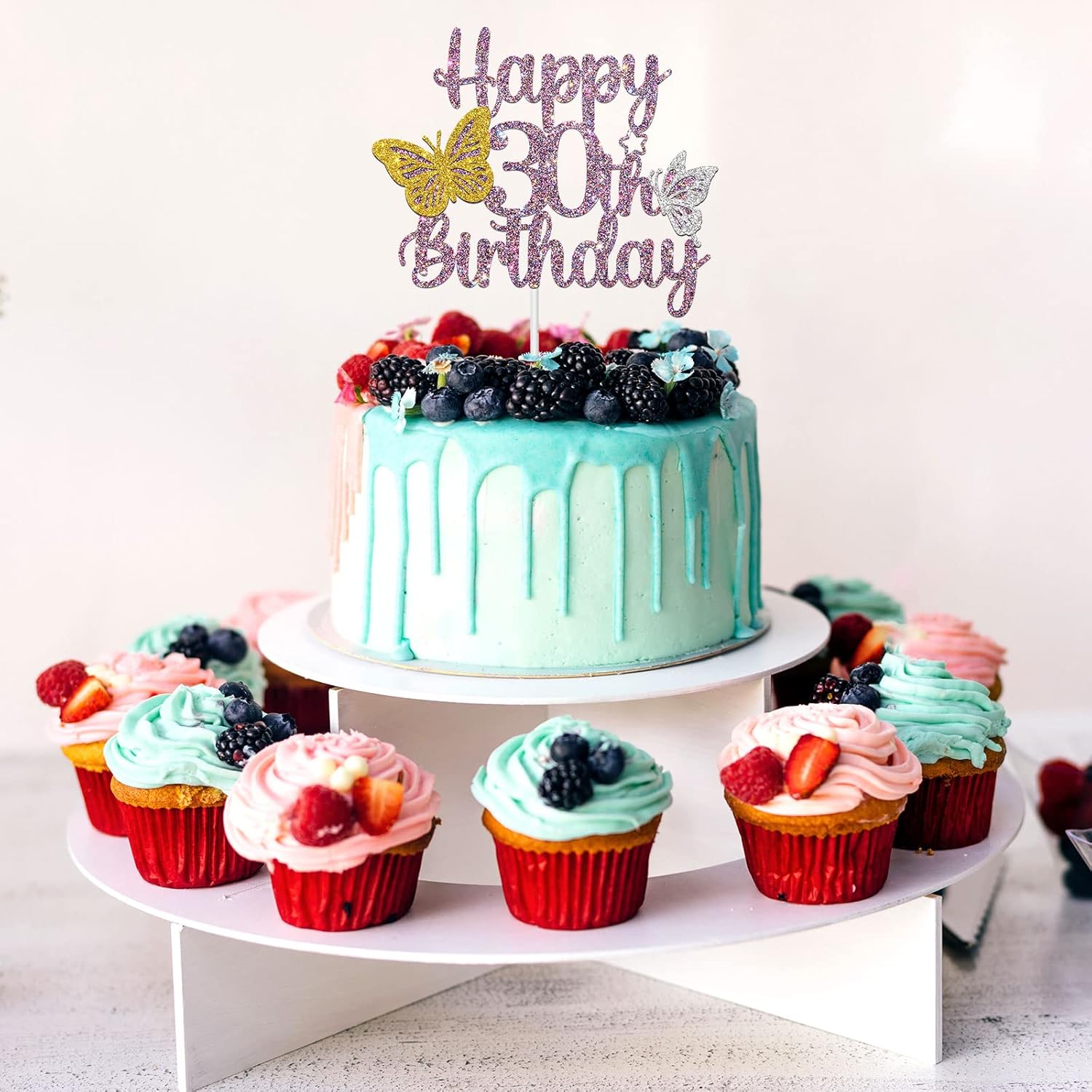 Decoración para tarta de cumpleaños de 30 años con purpurina morada, decoración de pastel de mariposa 30, decoración para tartas de cumpleaños de 30