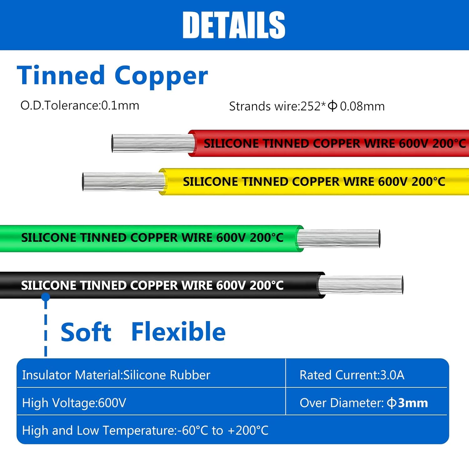 Cable eléctrico de silicona calibre 18 Cable-HuLuWa 18 AWG Kit de cables de conexión de 6 colores (13.12 pies cada uno) Alambre de cobre estañado