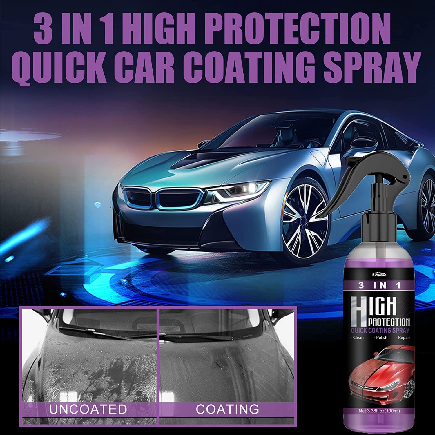 2 aerosoles de limpieza 3 en 1 de alta protección para revestimiento de automóvil, de alta protección, espray de esmalte de cera de automóvil,