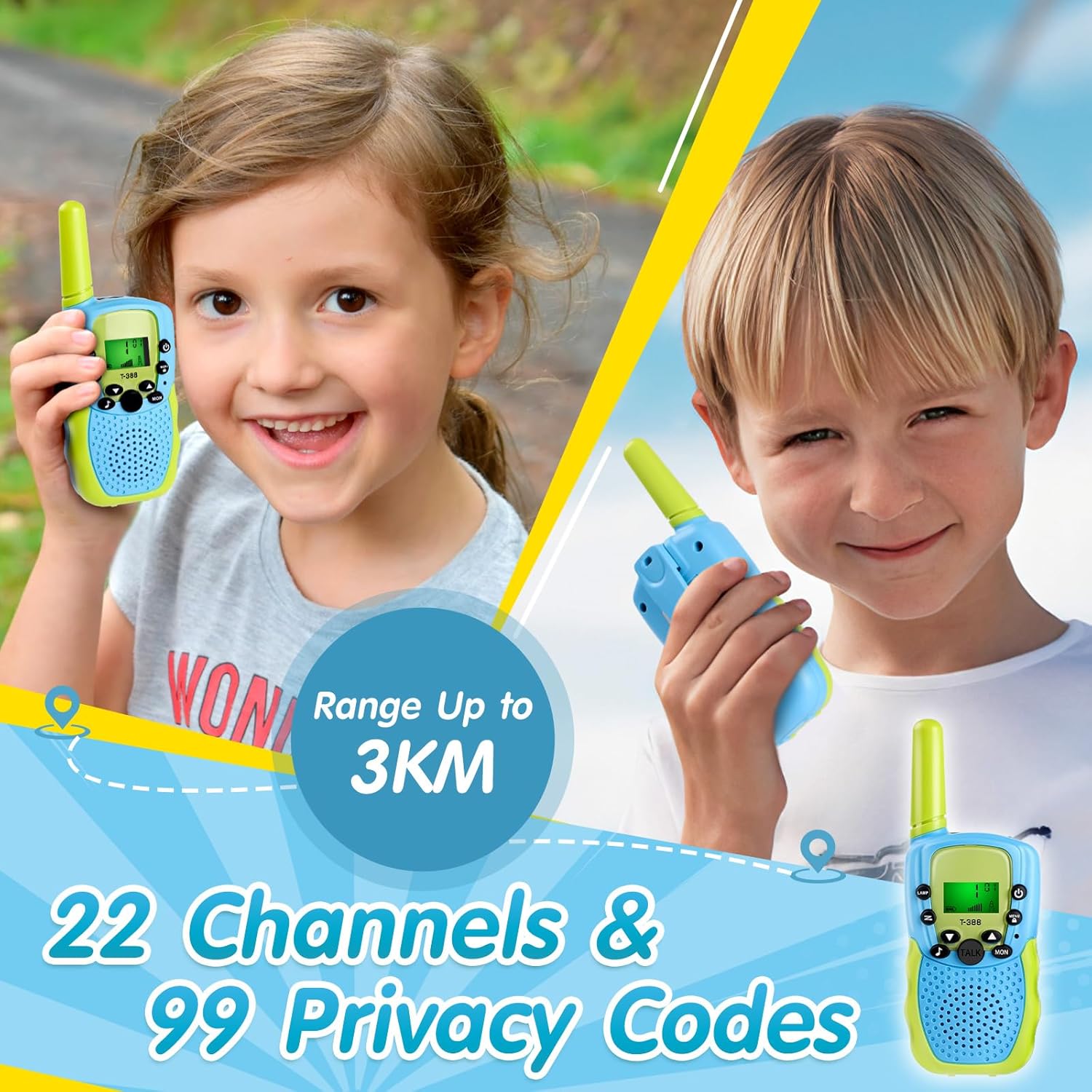 GINMIC Walkie Talkie para niños, juguetes para niños de 3 a 12 años con linterna LCD retroiluminada, paquete de 2 walkie talkies de largo alcance 22