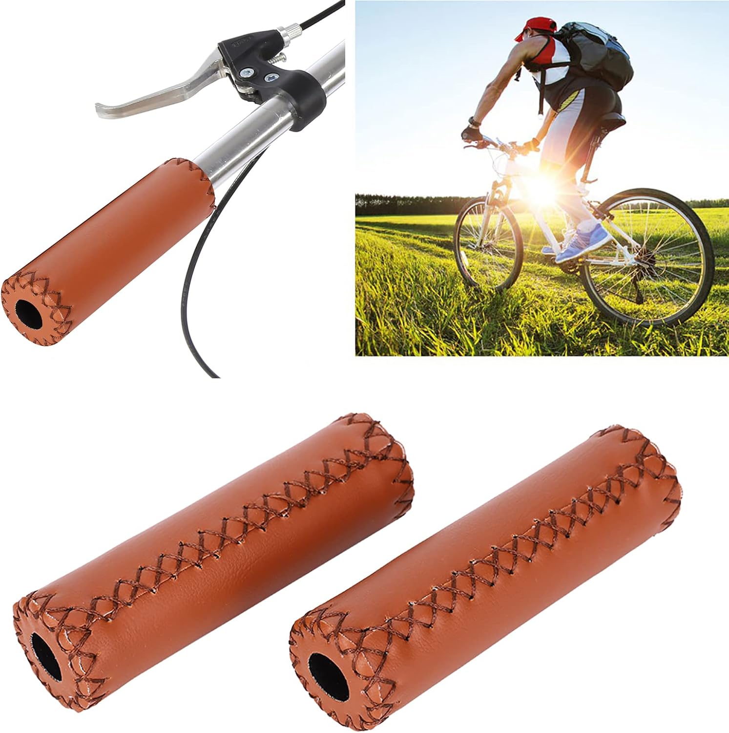 1 par de agarres de manillar de bicicleta de cuero artificial retro de tres colores con costura cosida a mano manija de bicicleta empuñaduras
