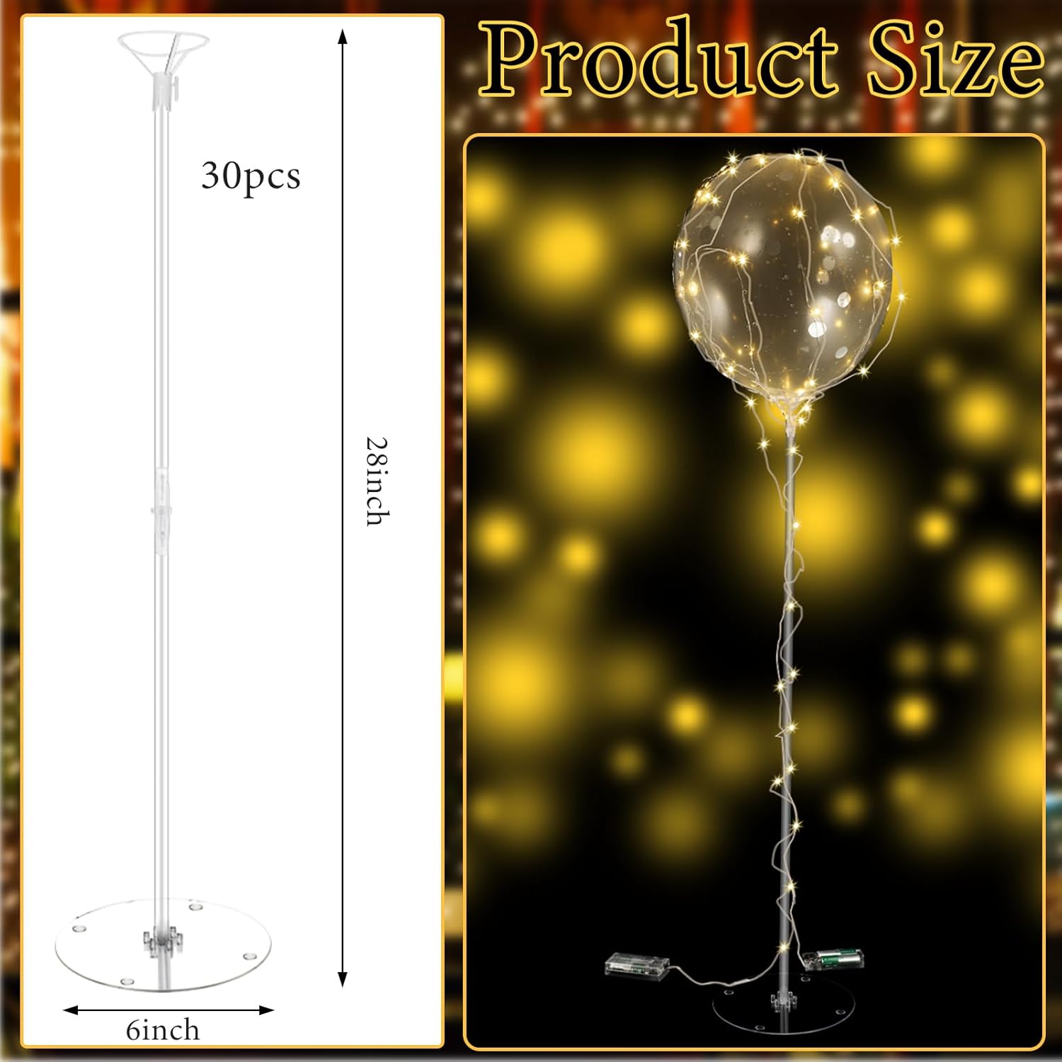 Juego de 30 juegos de soporte para globos y centros de mesa de luces LED que incluyen 30 tiras de luces y 30 palos de globo con base para globos