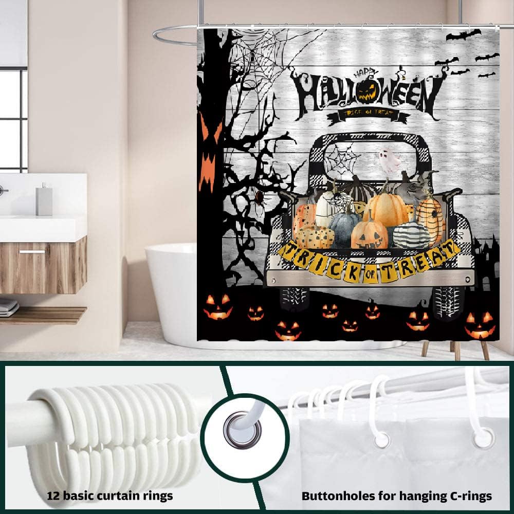 Cortina de ducha de camión de Halloween, calabaza, granja, coche, árbol muerto, telaraña, murciélago, tablero de madera retro, espeluznante,