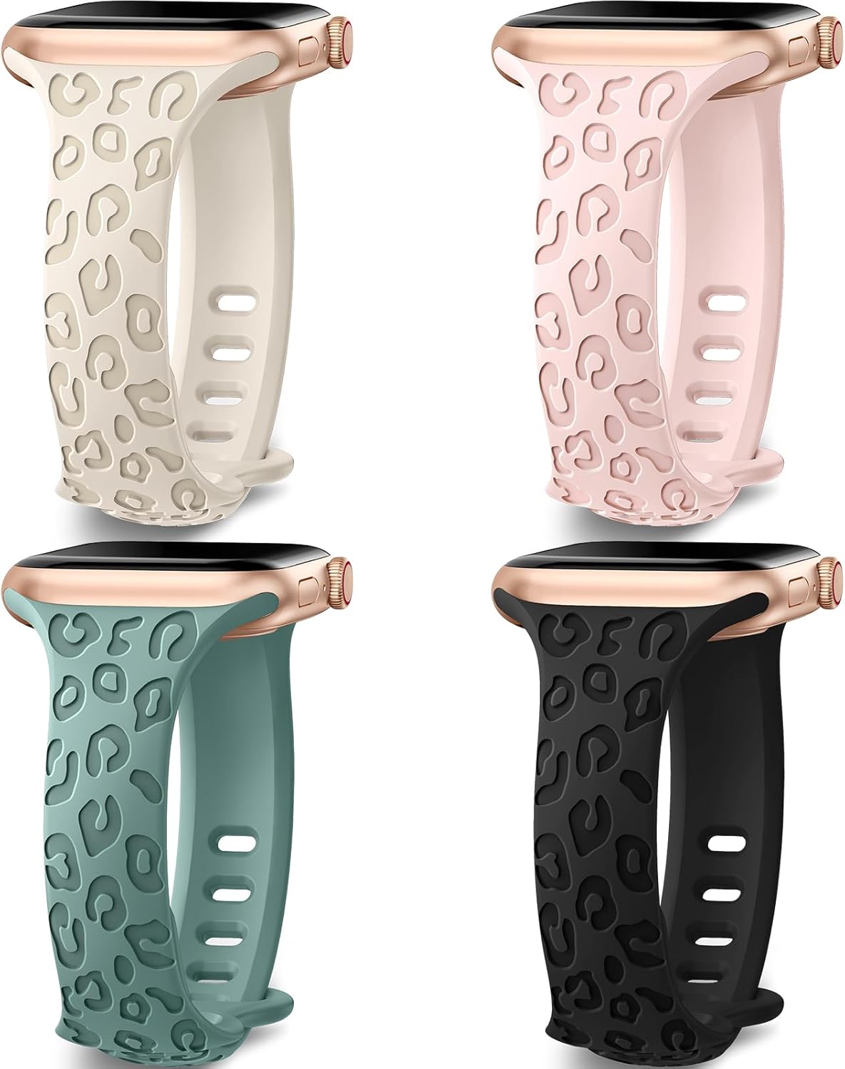 Paquete de 4 correas de leopardo grabadas compatibles con Apple Watch de 1.496 pulgadas, 1.575 pulgadas, 1.614 pulgadas, 1.732 pulgadas, 1.772