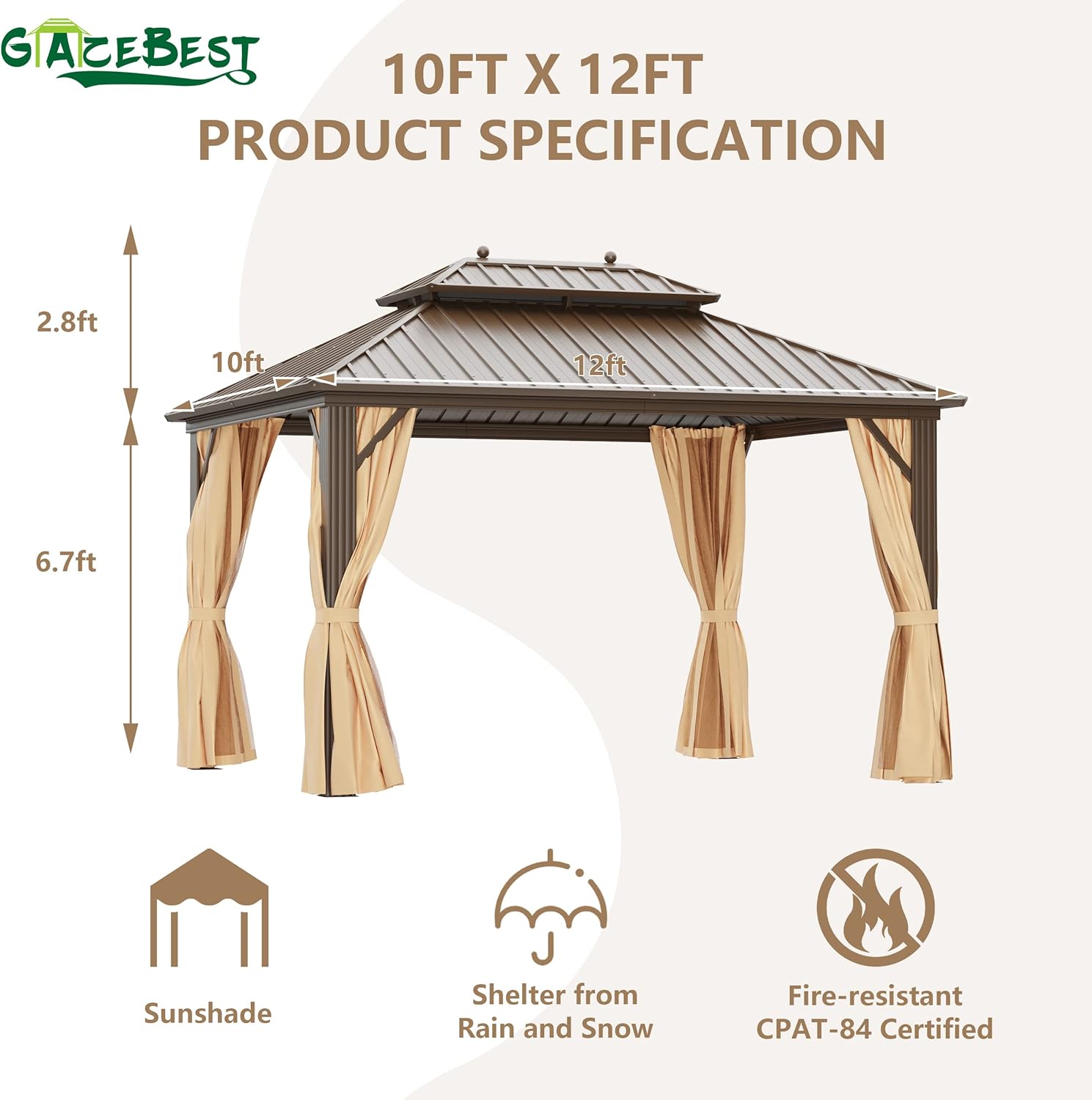 Cenador permanente de techo rígido de 10 x 12 pies, toldo de pérgola de pabellón de doble techo de acero galvanizado para exteriores, con marco de