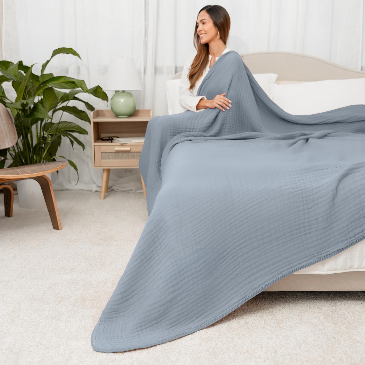 Comfy Cubs Manta de muselina Queen, tamaño extra grande de 90 x 90 pulgadas, 6 capas de algodón refrescante, manta transpirable y cálida para