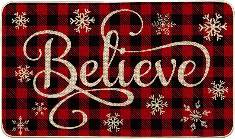 Artoid Mode Buffalo Plaid Snowflake Believe – Felpudo decorativo de bajo perfil, para interiores y exteriores, 17 x 29 pulgadas