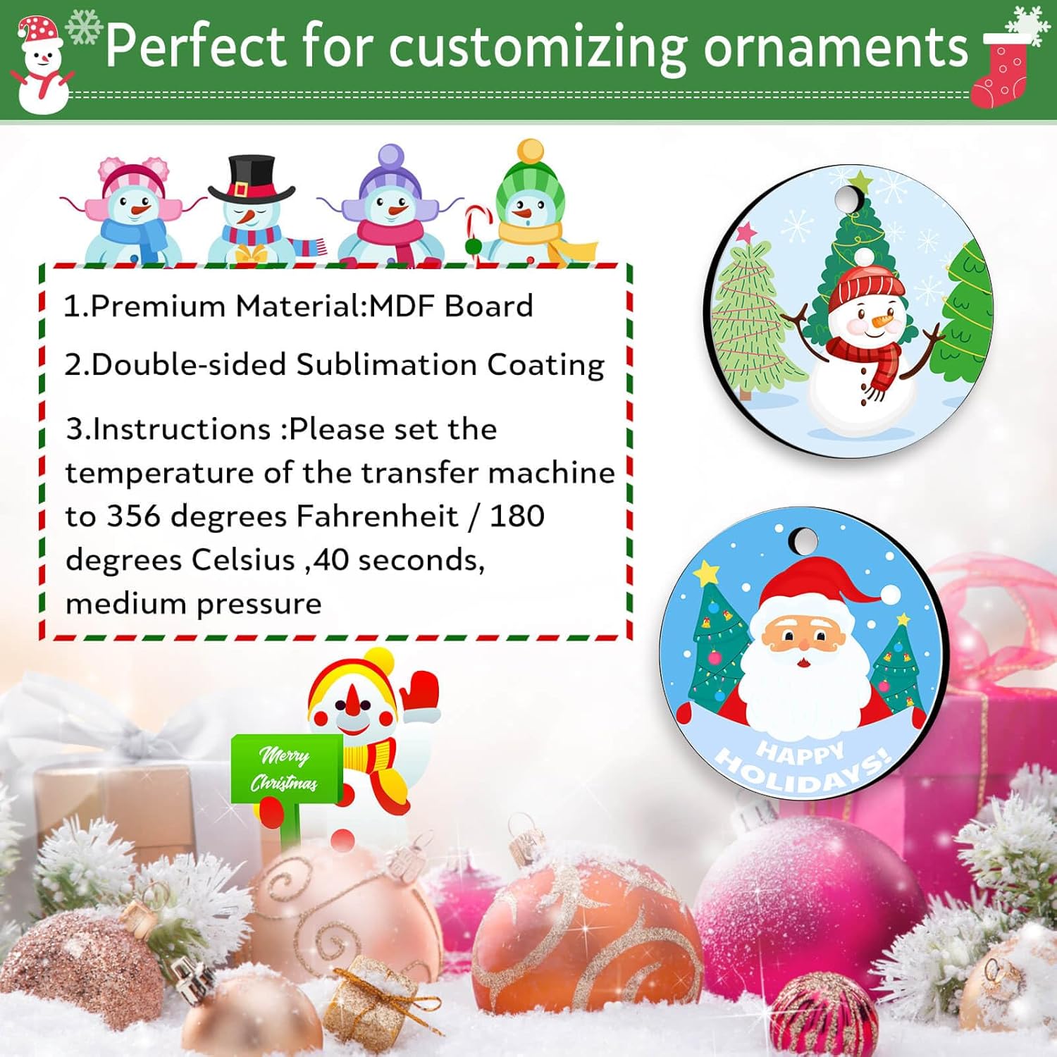 Adornos de sublimación de 3 pulgadas, 50 piezas redondas en blanco de sublimación, adornos de Navidad para decoración de árbol de Navidad,