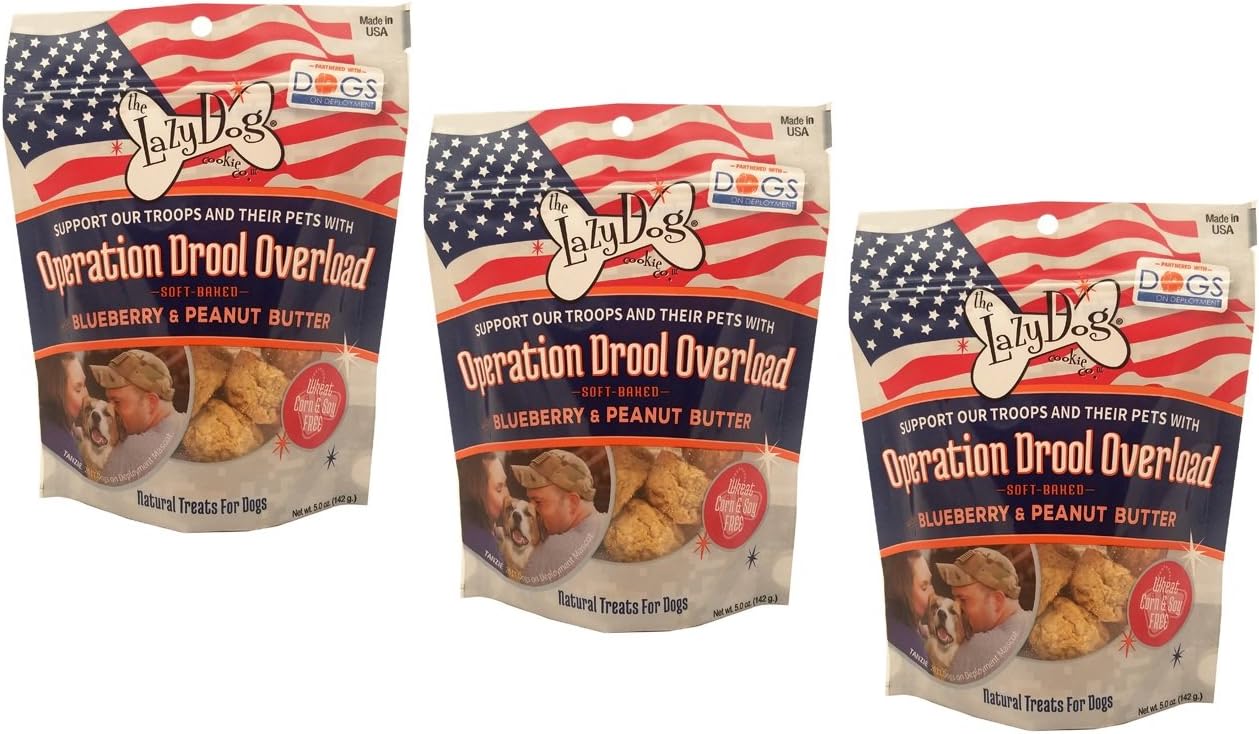 The Lazy Dog Cookie Co. & Dogs on Deployment Operation Drool Overload Blueberry & Peanut Butter Golosinas para perros, 5 onzas (paquete de 3)