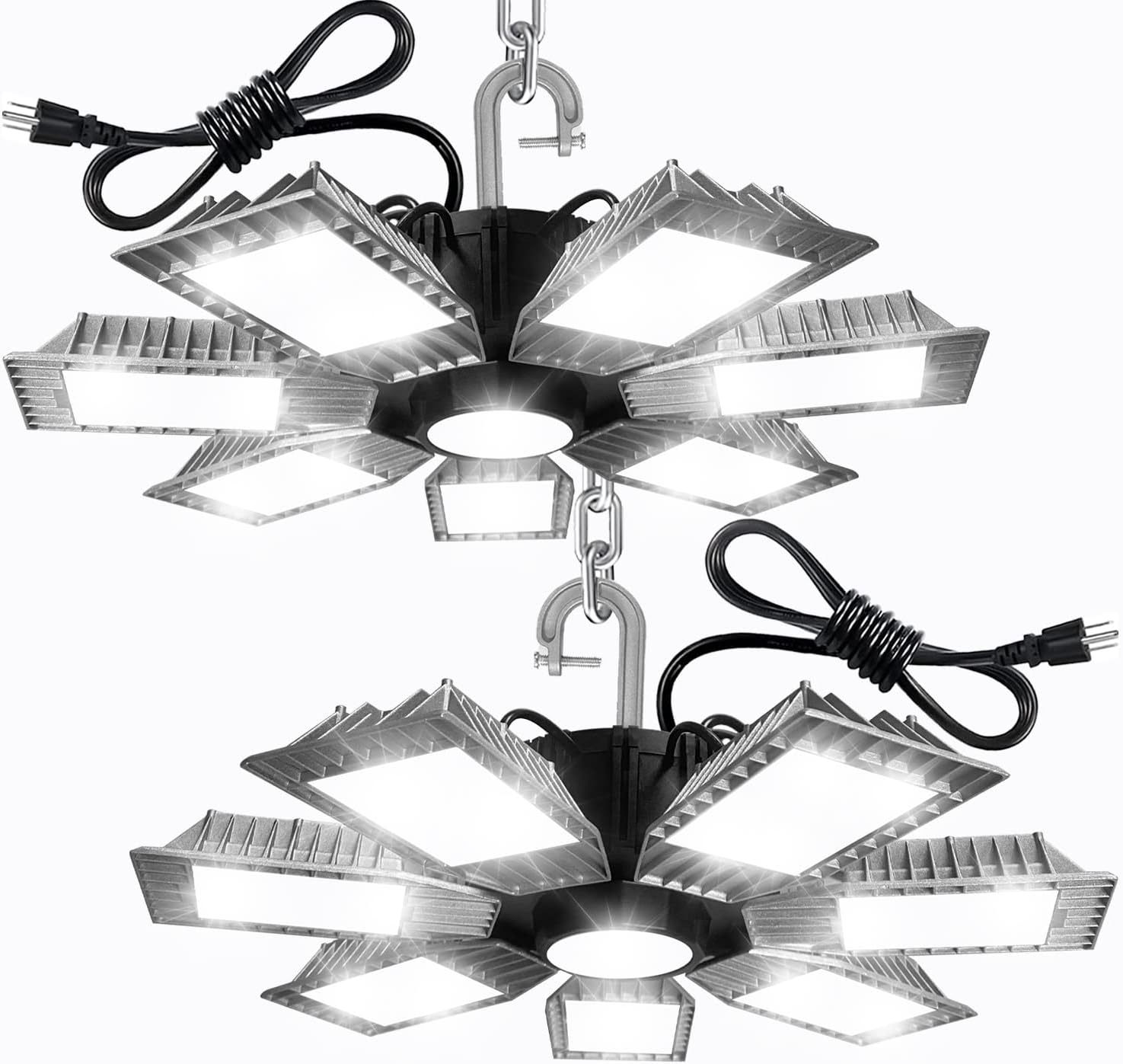 Luces LED de alta bahía, 250 W, 30000 lúmenes, 6500 K, luz diurna, paquete de 2 con 7 paneles deformables, luz LED de alta bahía para tienda de