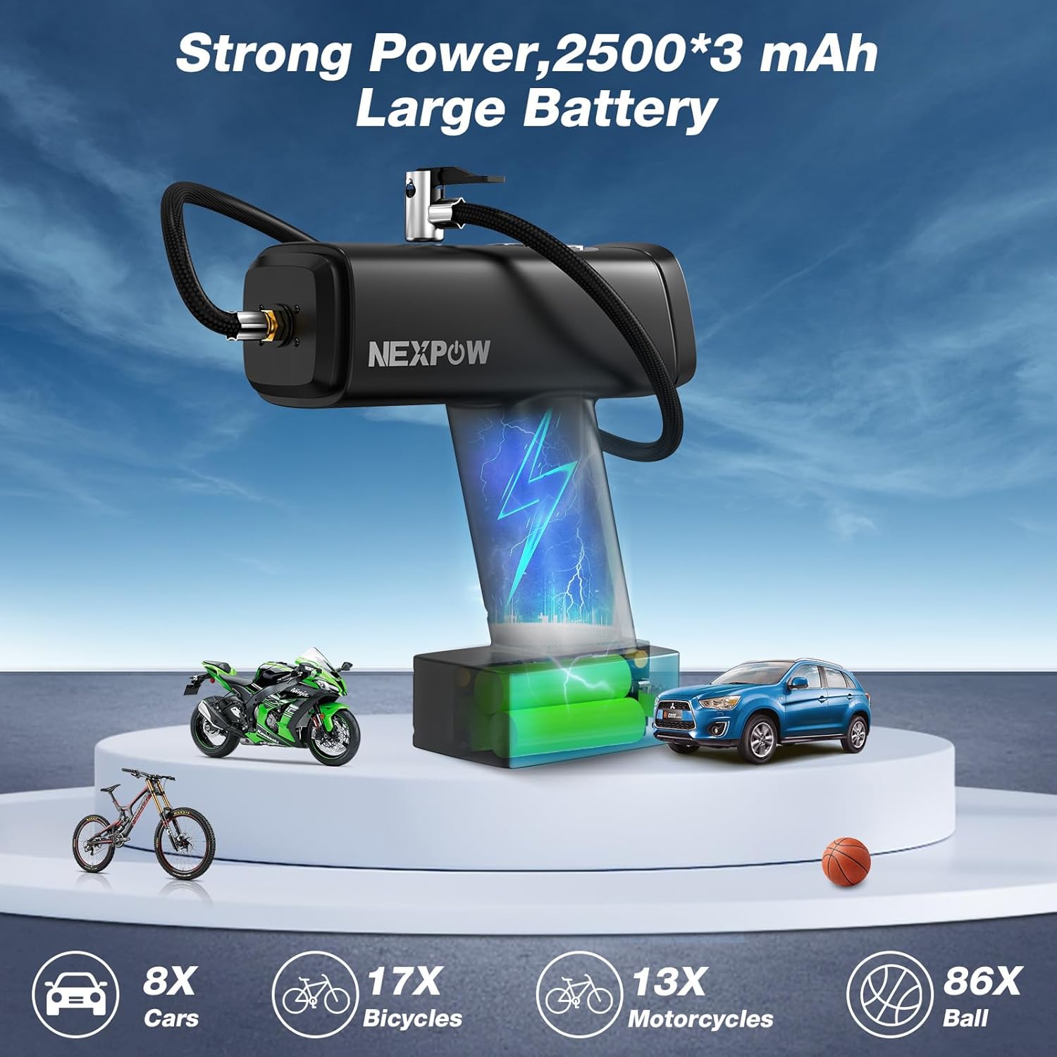 NEXPOW Inflador de neumáticos automático, compresor de aire portátil, bomba de aire de 160 PSI con batería de 7500 mAh, bomba digital de bicicleta