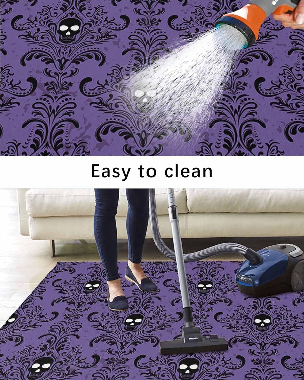 Outdoor Rugs, Waterproof Indoor Carpet, Happy Halloween Purple Black Skull Patten 4’x6′ Outside Area Rug for Patios RV Camping Beach Floor Mat for