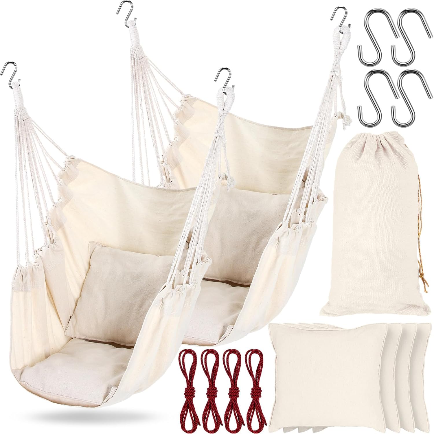 2 piezas hamaca colgante cuerda columpio grande silla colgante máximo 300 libras silla columpio hamaca cojín de asiento incluido para interiores y