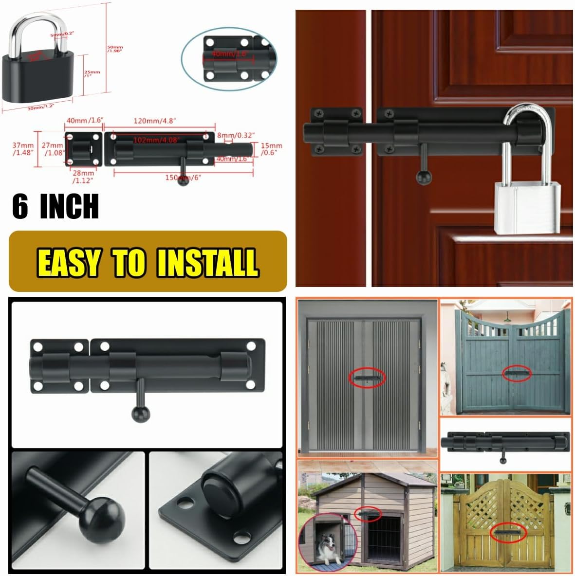 Alise Pestillo de puerta deslizante con candado, pernos de barril resistentes de 6 pulgadas, herrajes de puerta de doble cara para valla de madera,