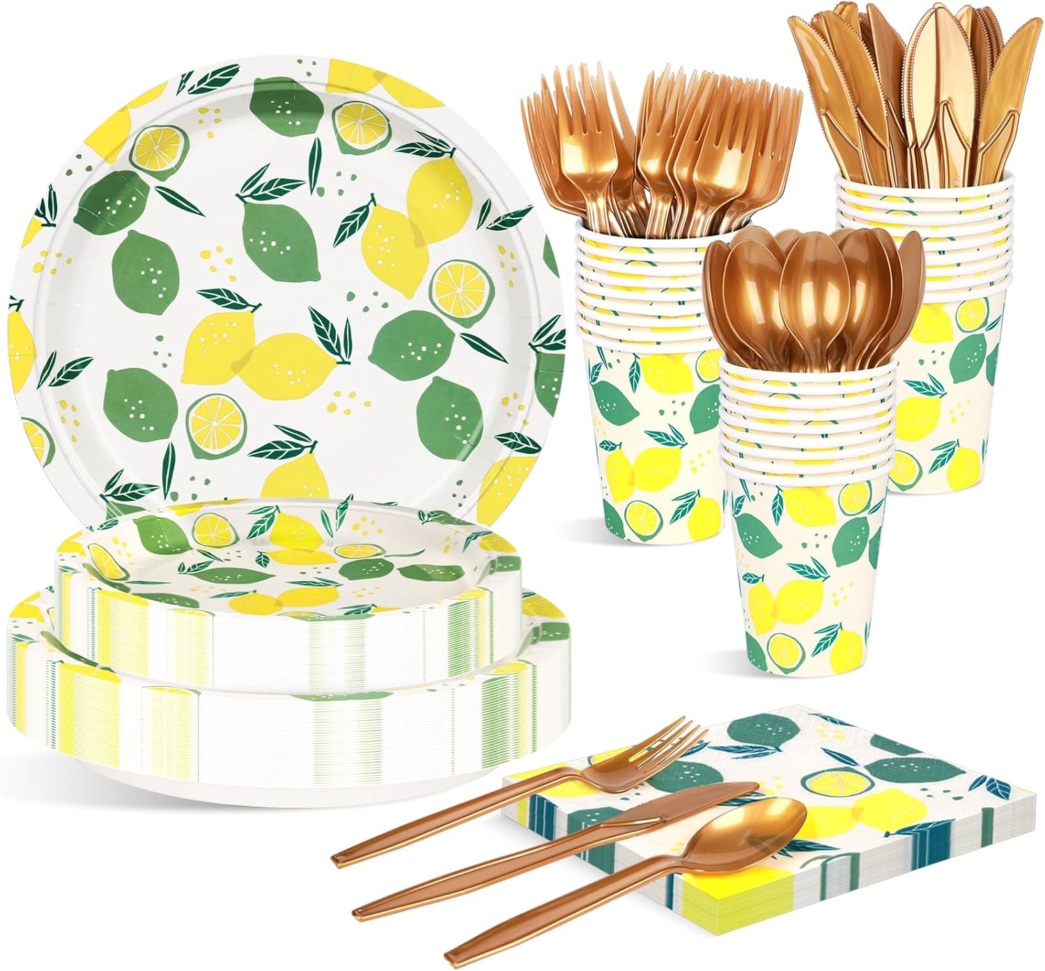 Juego de 350 platos desechables, platos de fiesta, tazas y servilletas, juego de platos de papel de limón, juego de vajilla desechable para 50