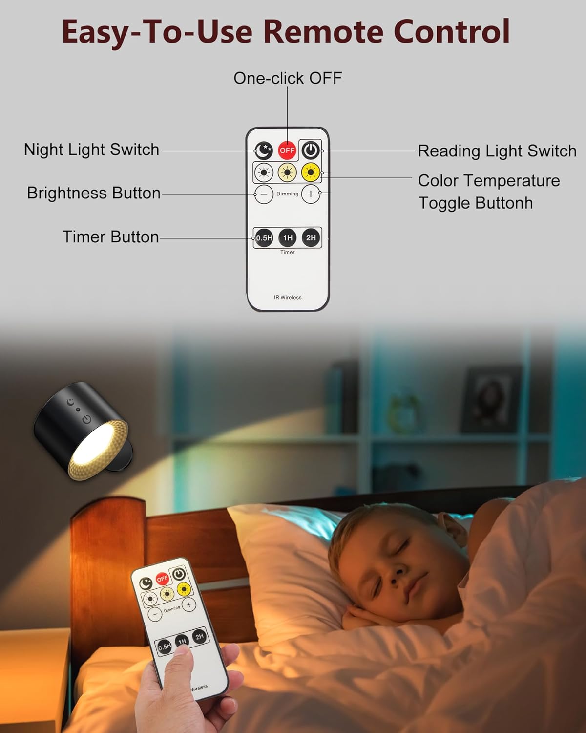 Sunxiner Juego de 2 apliques de pared que funcionan con pilas, luces LED recargables inalámbricas para sala de estar, dormitorio, aplique de pared