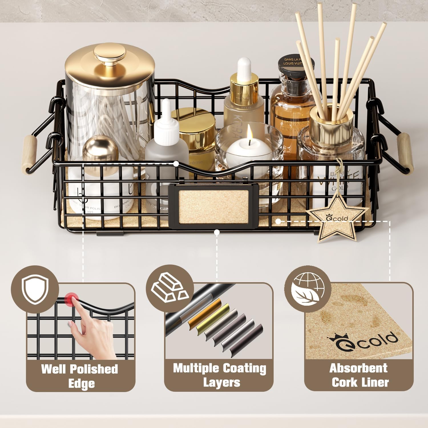 Cesta organizadora de baño, organizador de baño y almacenamiento, cesta de alambre de metal, organizador de encimera de baño con asas, cestas de