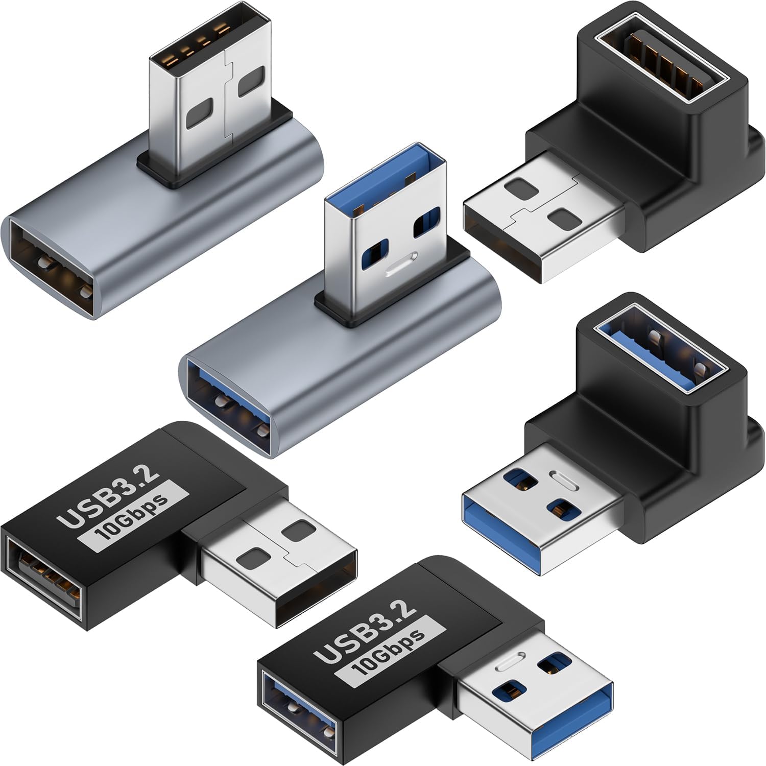 Warmstor Paquete de 6 adaptadores USB 3.0 macho a hembra de 10 Gbps hacia arriba hacia abajo a la izquierda derecha 90 grados de ángulo recto cable