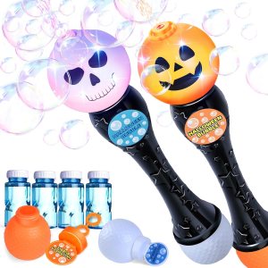 Paquete de 2 varitas sopladoras de burbujas con luz de Halloween, máquina de burbujas brillantes de calabaza y fantasma con 4 soluciones de Paquete de 2 varitas sopladoras de burbujas con luz de Halloween, máquina de burbujas brillantes de calabaza y fantasma con 4 soluciones de