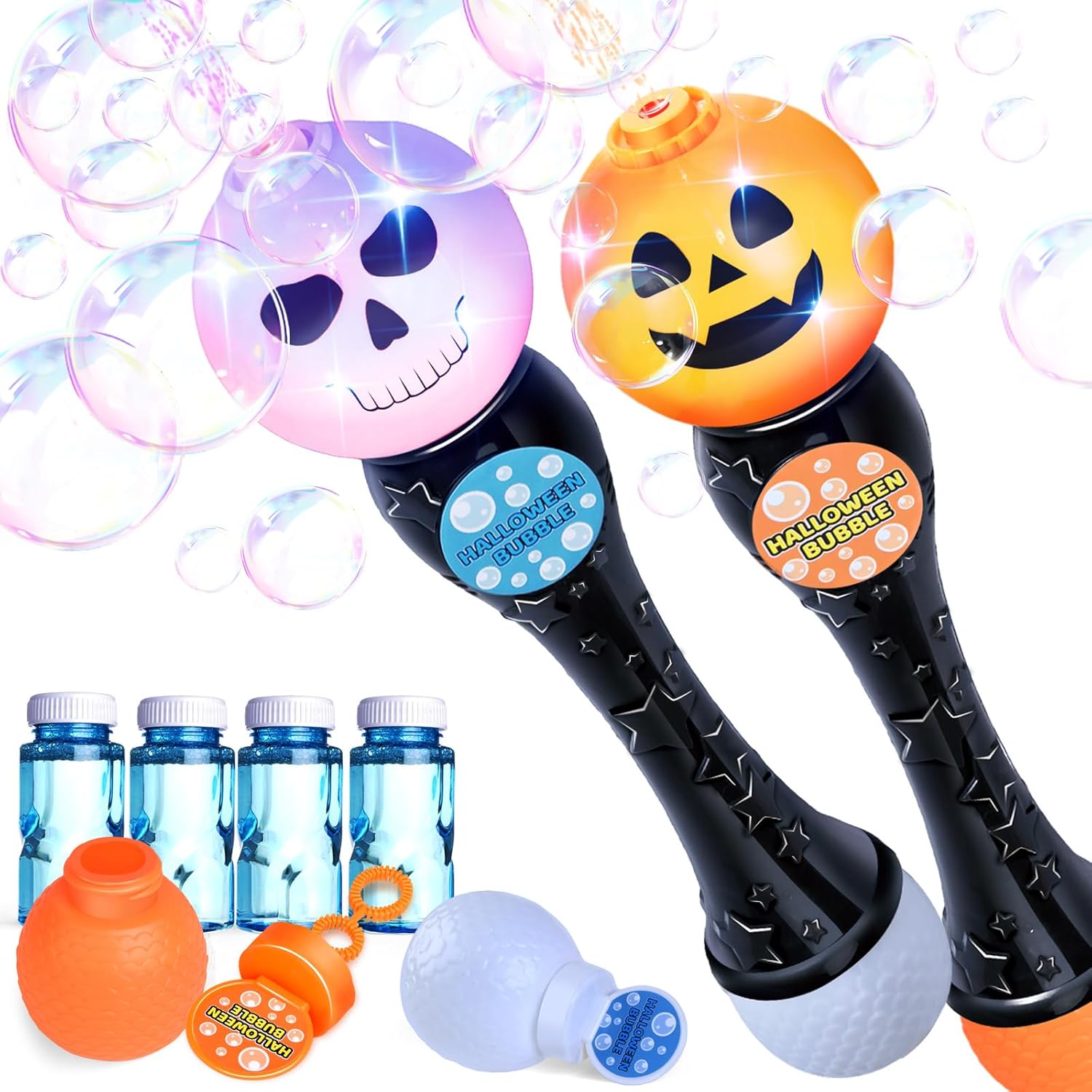 Paquete de 2 varitas sopladoras de burbujas con luz de Halloween, máquina de burbujas brillantes de calabaza y fantasma con 4 soluciones de