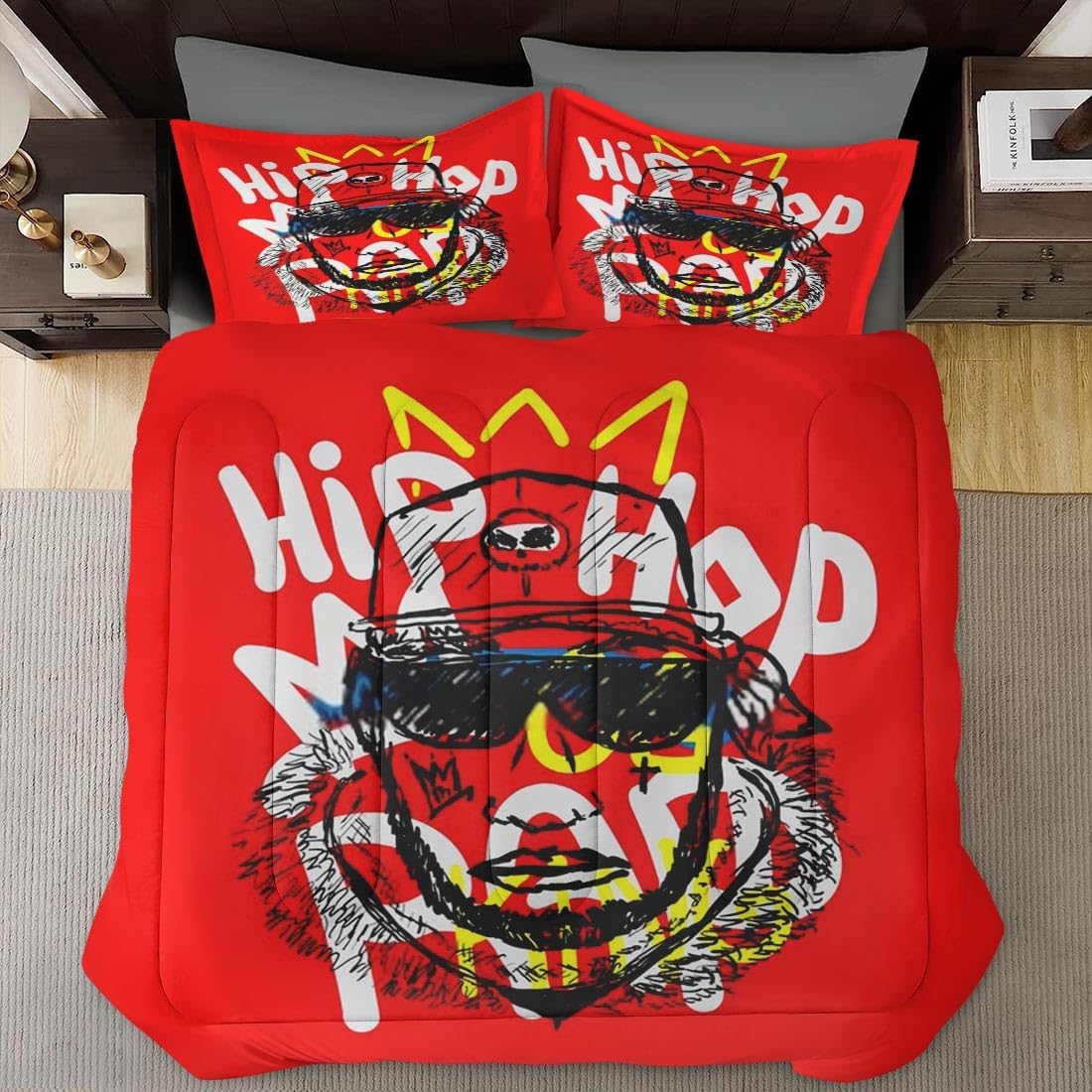 Juego de edredón tamaño Queen, juego de ropa de cama suave de béisbol con música King para niños y adultos, juego de edredón de rap con corona de