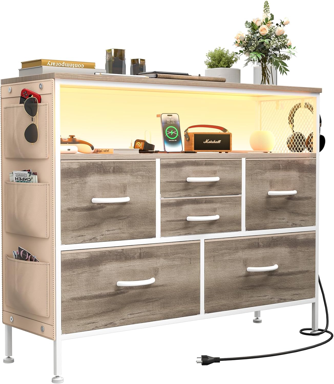 YILQQPER Cómoda para dormitorio, soporte de TV con tomas de corriente y luz LED, cómoda de 6 cajones con bolsillos laterales y ganchos, cómoda ancha