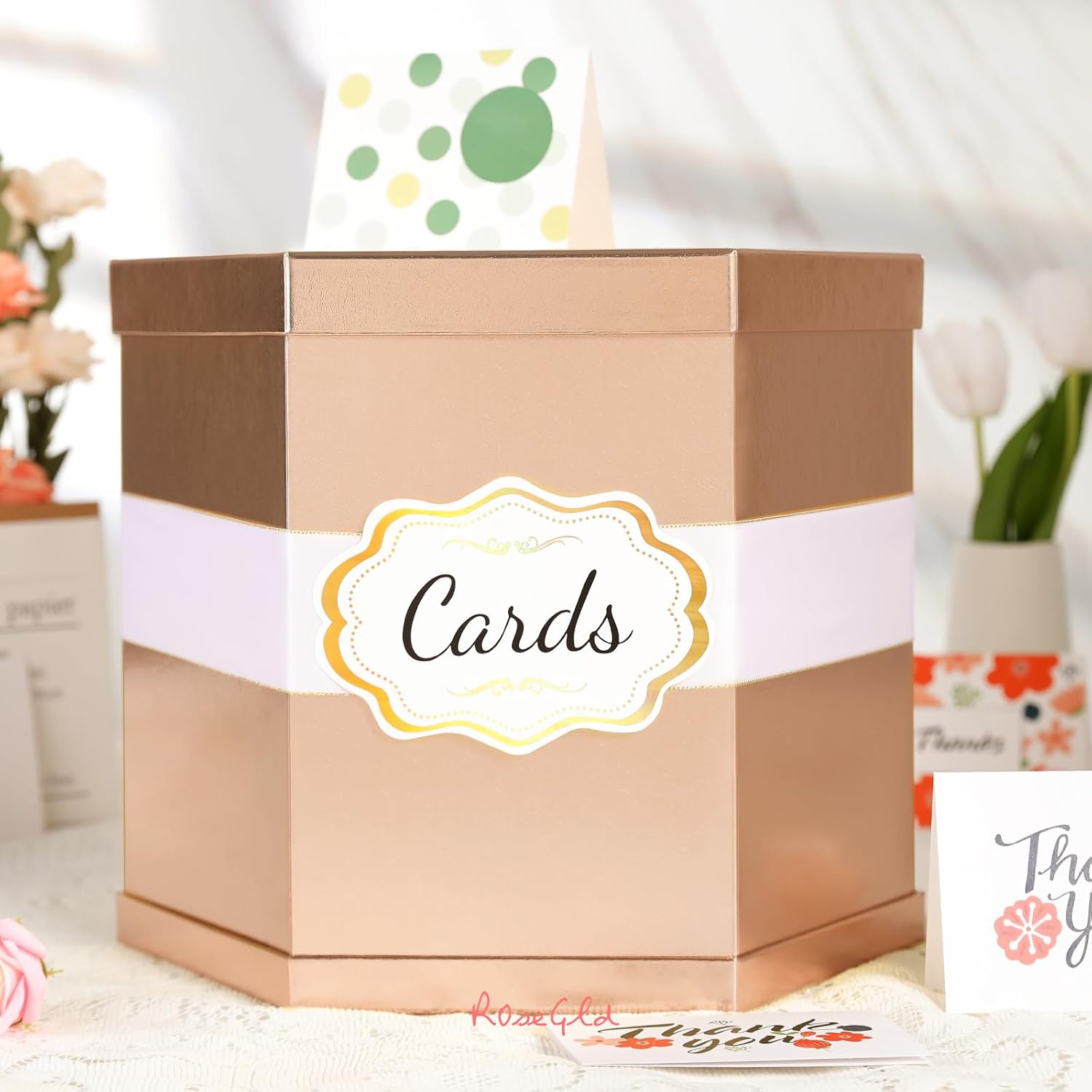 ROSEGLD Caja de tarjetas, caja de recepción de tarjetas con cinta de 14 x 12 x 12 pulgadas, elegante soporte para tarjetas para bodas, graduaciones,